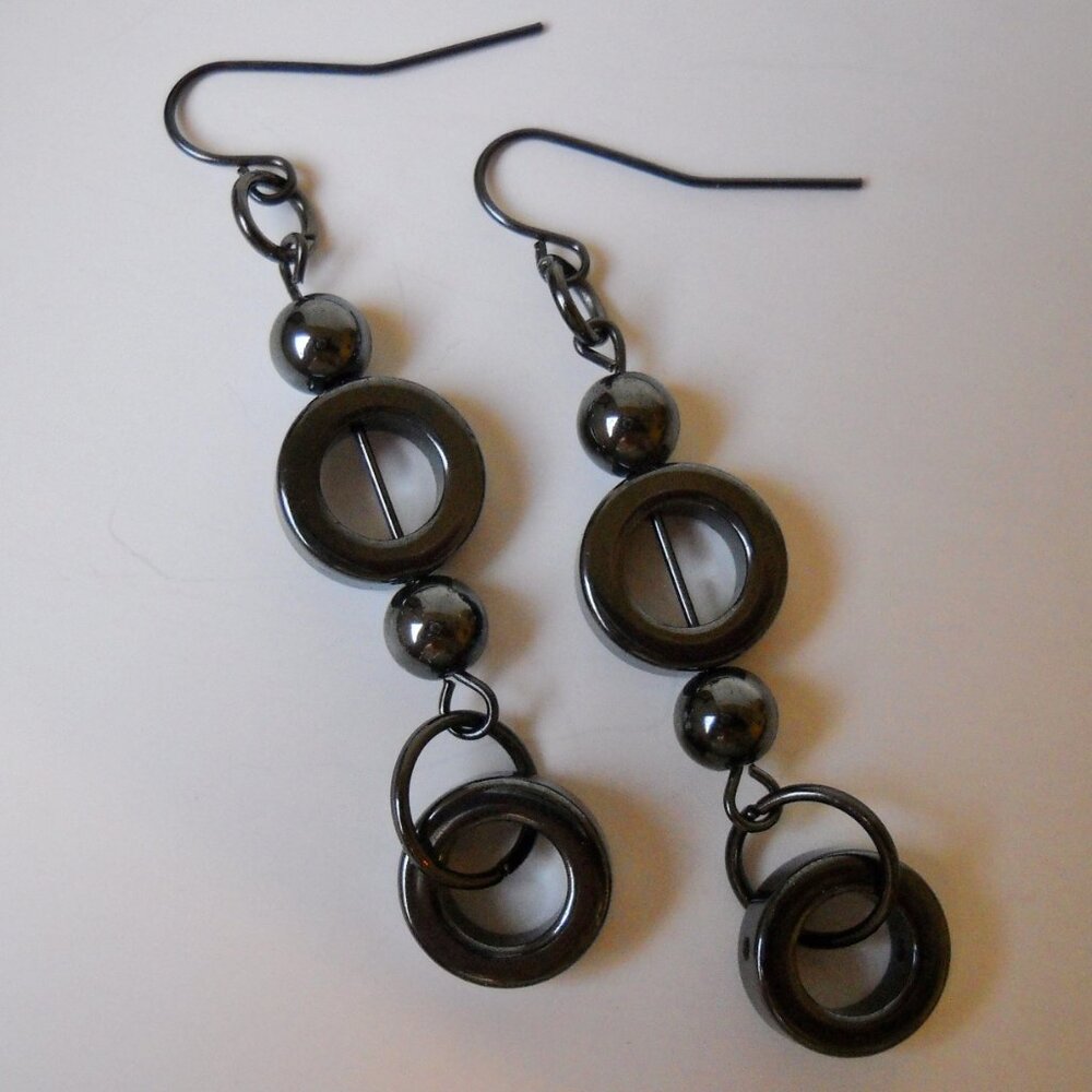 Charcoal Grey Hematite Earrings Circle Beaded Gun Metal Handcrafted Pierced Hoop